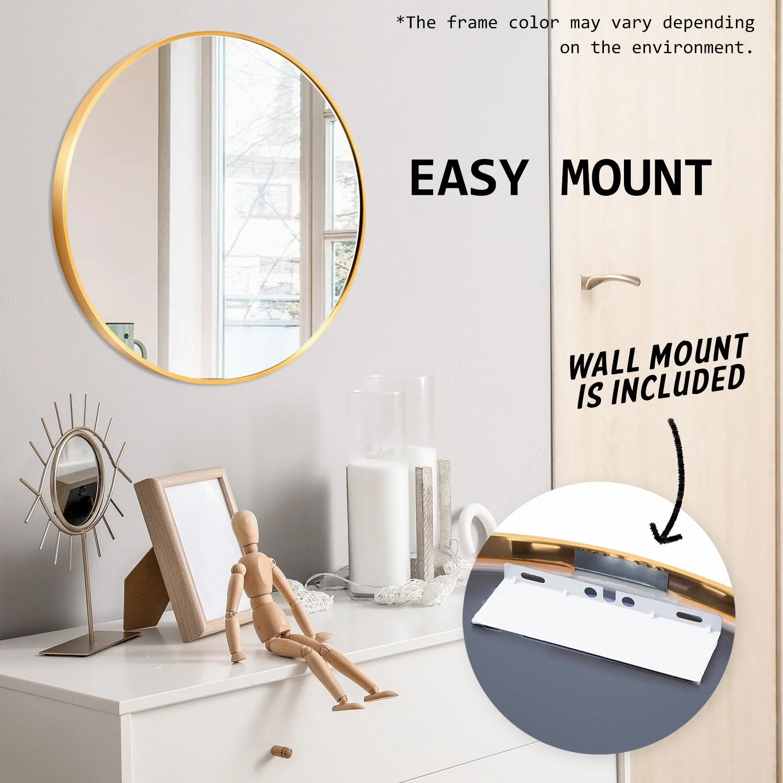2 Set Round Wall Mirrors 60cm, Aluminum Frame, Gold