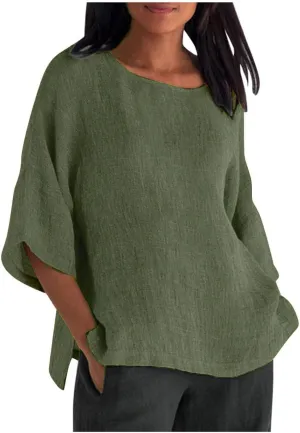 Ceboyel Women's Cotton Linen Tunic Shirts Dandelion Print Summer Tops 3/4 Sleeve Blouse Tshirts Bohemian Style Clothes 2023