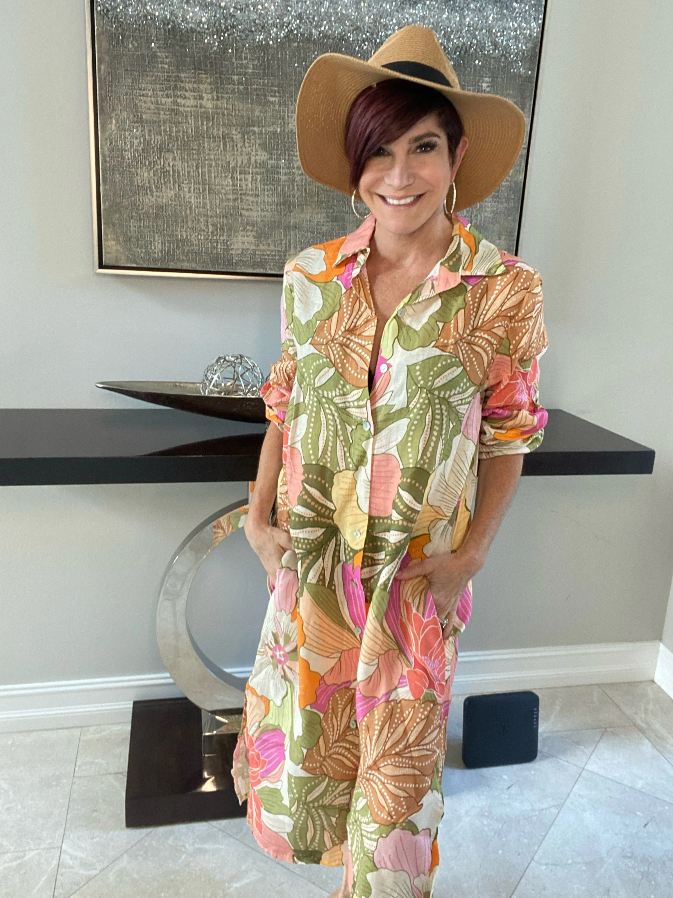 Floral Linen Button Dress with Pockets