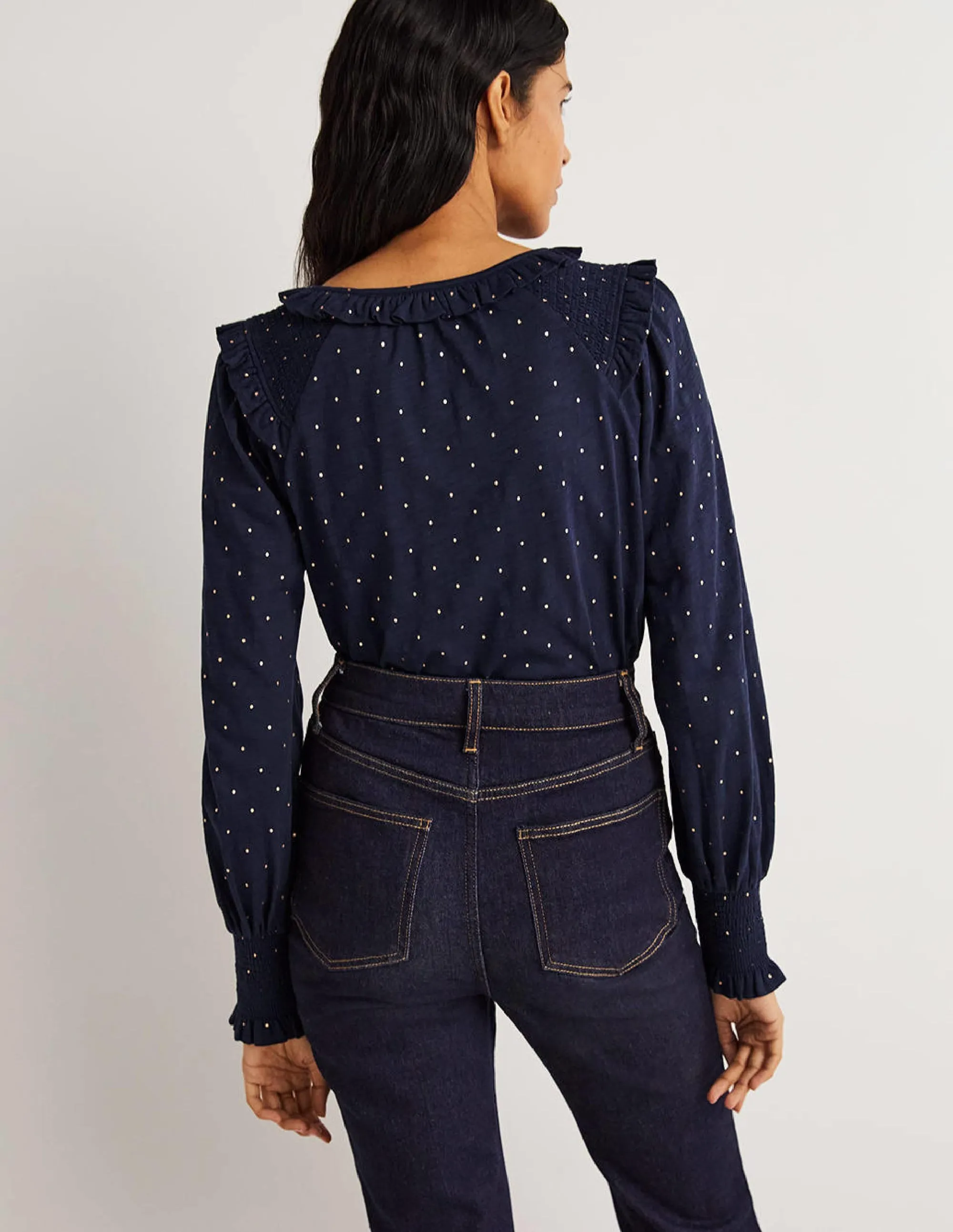 Notch Neck Smocked Frill Top-Navy, Foil Dot