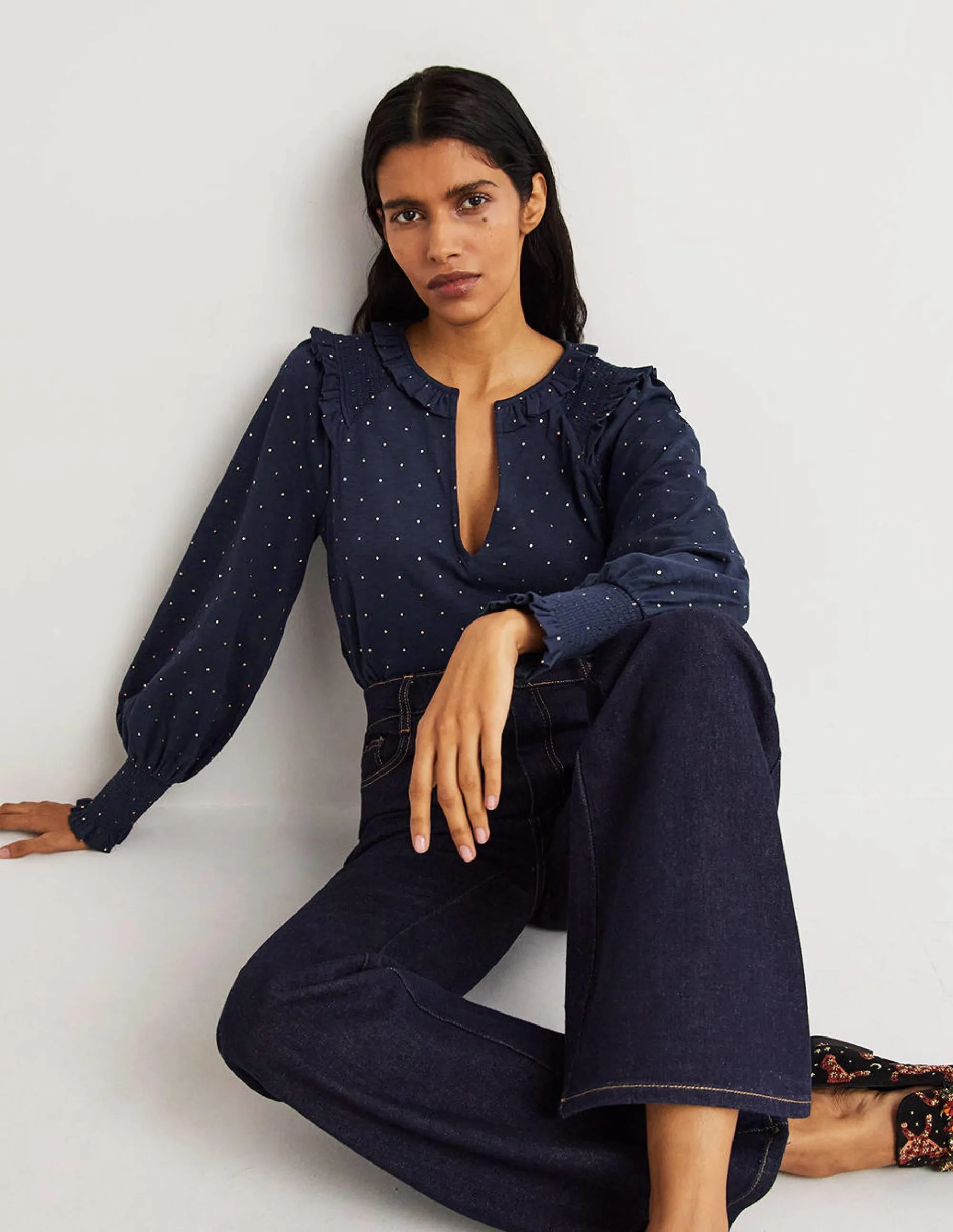 Notch Neck Smocked Frill Top-Navy, Foil Dot