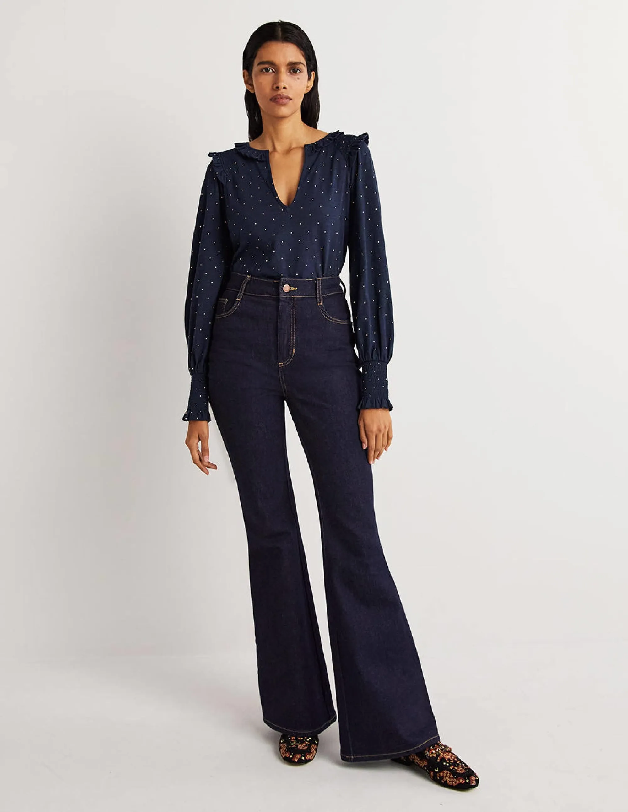 Notch Neck Smocked Frill Top-Navy, Foil Dot