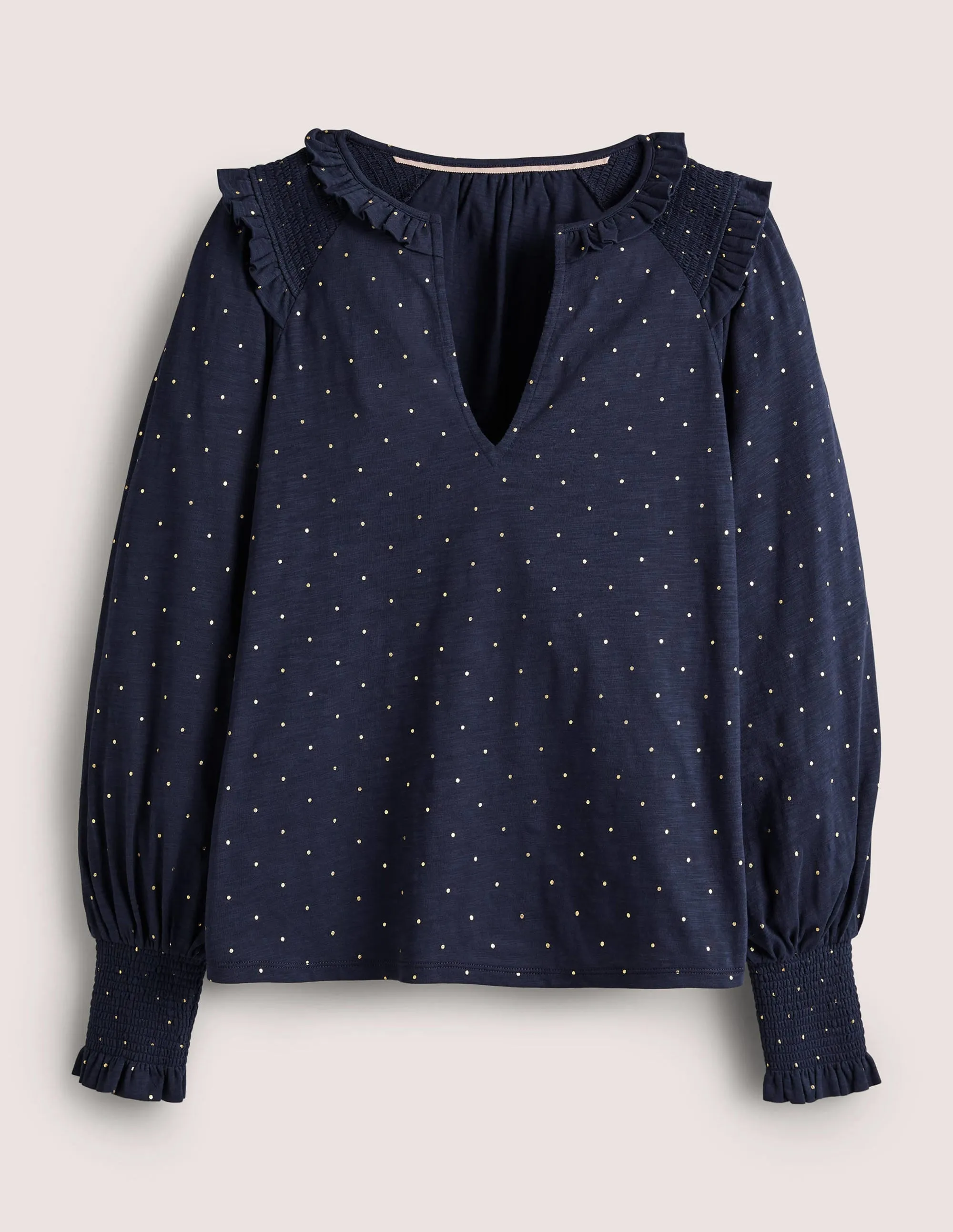 Notch Neck Smocked Frill Top-Navy, Foil Dot