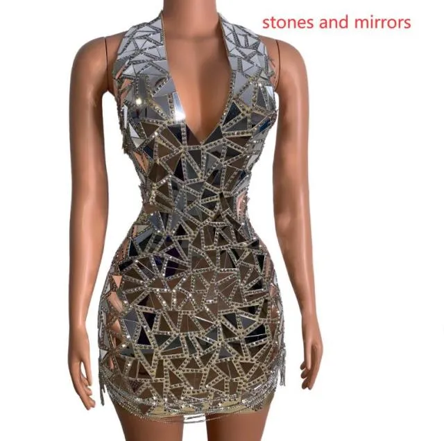Shining Silver Mirrors Rhinestones Chains Short Dress