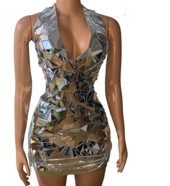 Shining Silver Mirrors Rhinestones Chains Short Dress