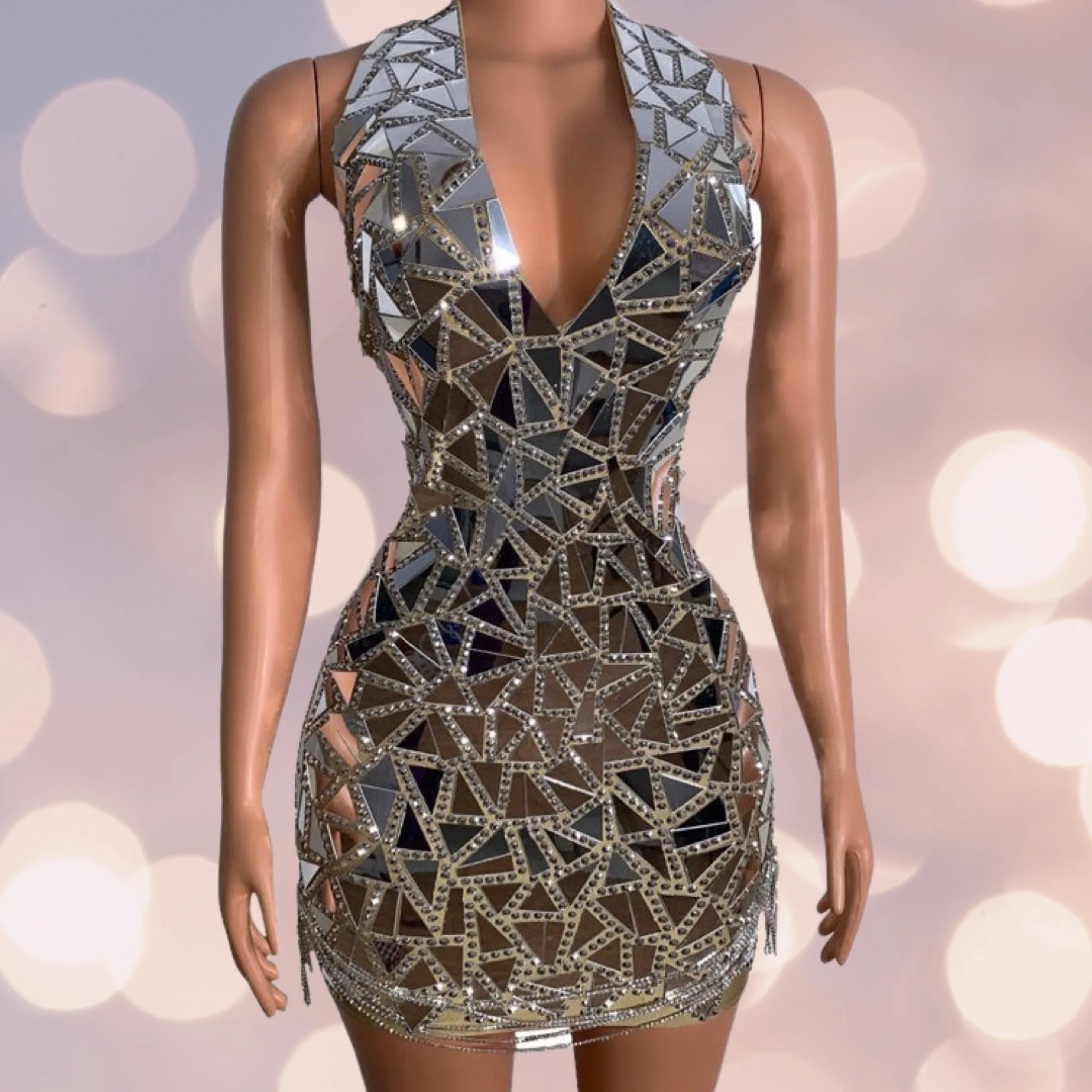 Shining Silver Mirrors Rhinestones Chains Short Dress