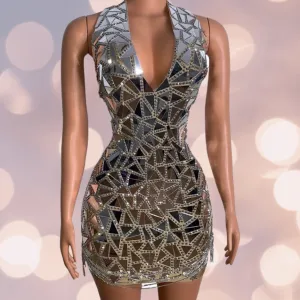 Shining Silver Mirrors Rhinestones Chains Short Dress
