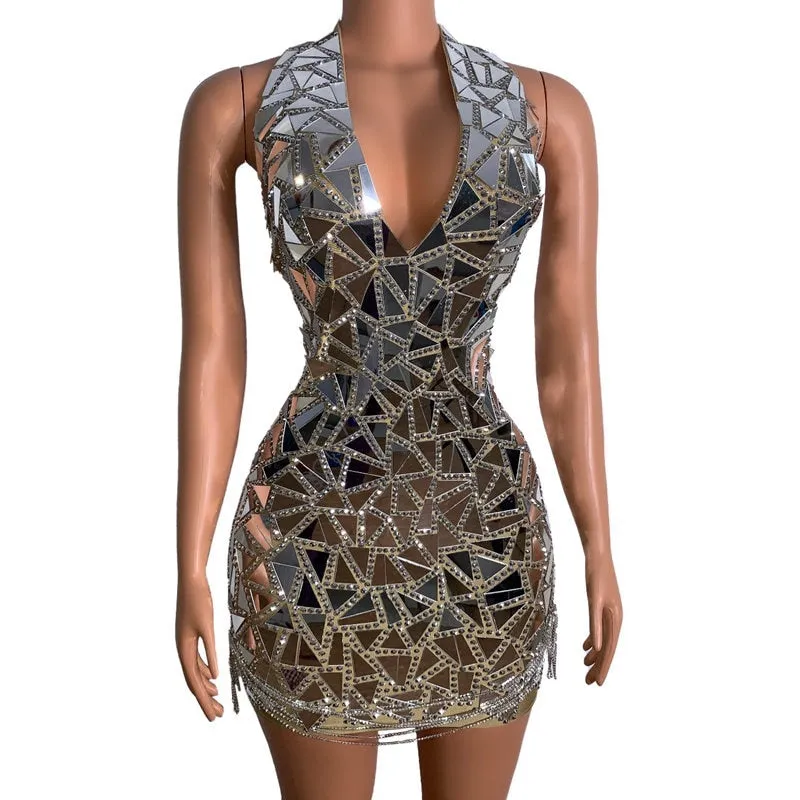 Shining Silver Mirrors Rhinestones Chains Short Dress