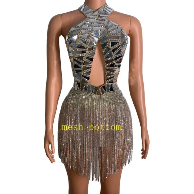 Sparkly Silver Mirrors Crystals Fringes Dress