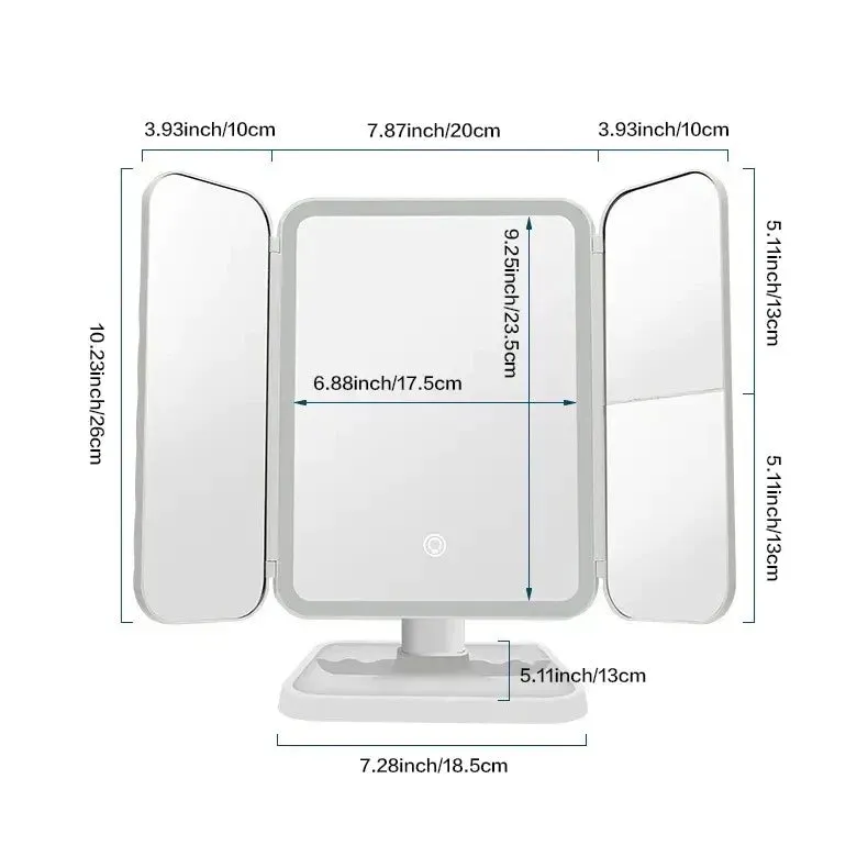 Trifold LED Makeup Mirrors Table Light Three-sided Folding Touch Induction 180 Degree Rotating Magnifying Glass Fashion Cosmetic Mirror