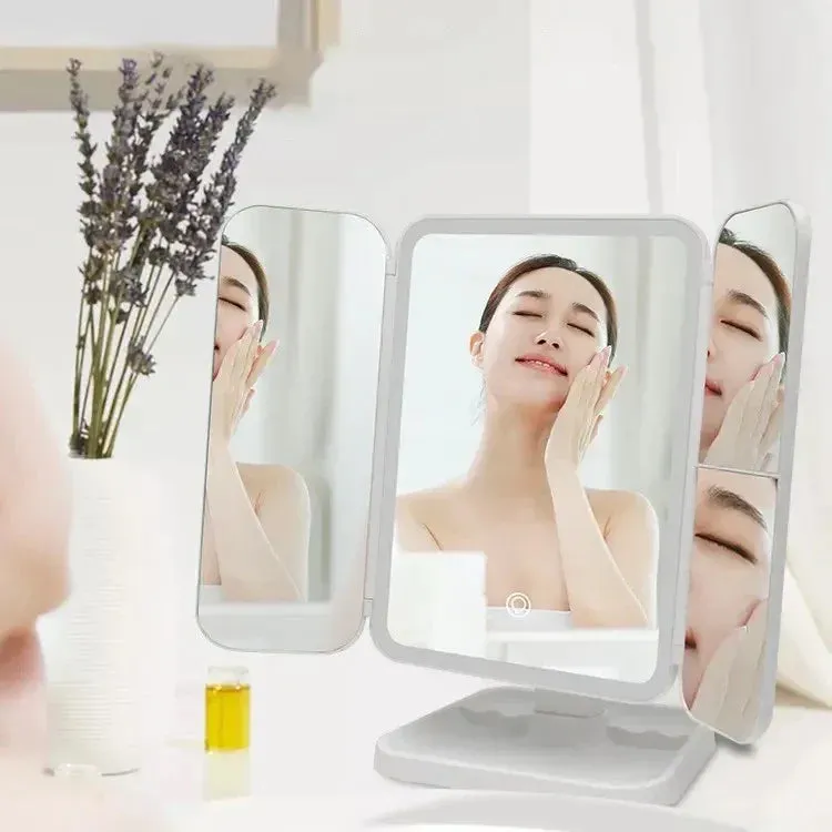 Trifold LED Makeup Mirrors Table Light Three-sided Folding Touch Induction 180 Degree Rotating Magnifying Glass Fashion Cosmetic Mirror