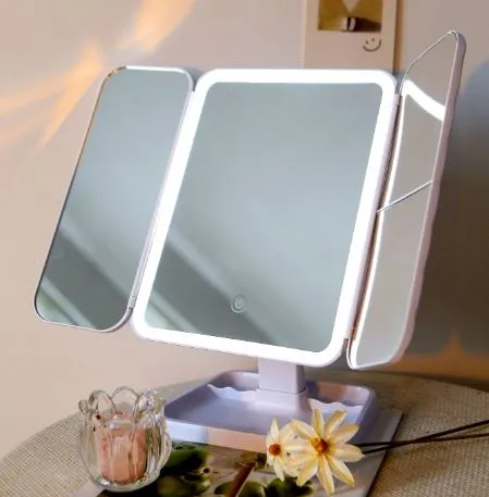Trifold LED Makeup Mirrors Table Light Three-sided Folding Touch Induction 180 Degree Rotating Magnifying Glass Fashion Cosmetic Mirror
