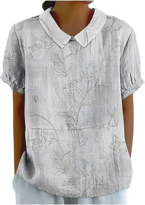 Womens Linen Vintage Tops Short Sleeve Babydoll Top Plus Size Casual Summer Tops Dressy Flowy Tops for 2024
